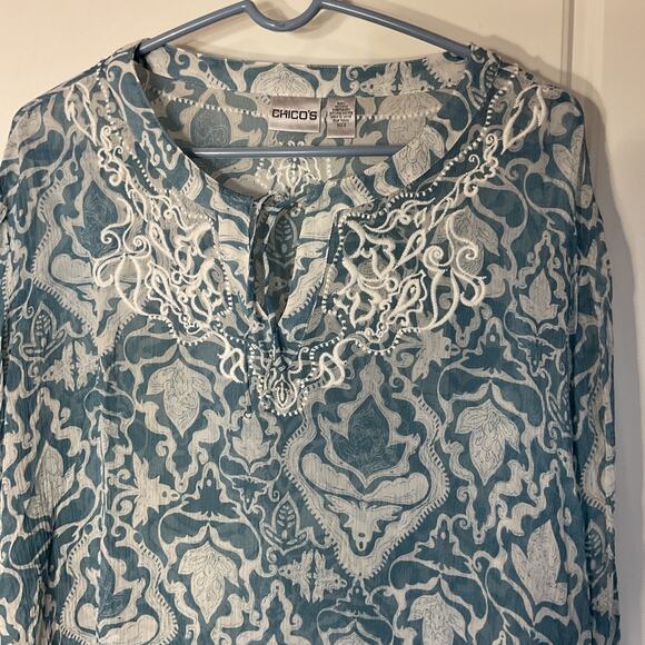 Chico's Blue Floral Longsleeve Semi Sheer Silk Embroidered Boho Peasant Top 2 - Picture 2 of 11
